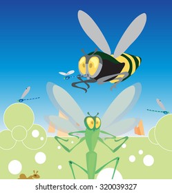 Dragonfly and the bee, Cartoon characters. Vector
