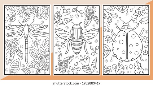 Dragonfly, bee, ladybug. Set of Hand drawn coloring for kids. Beautiful simple drawings with patterns. Coloring book pictures with animals. Vector