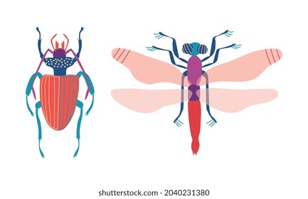 Dragonfly and Beetle Insects as Hexapod Flying Creature with Jointed Legs and Pair of Antennae Vector Set