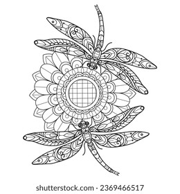 Dragonfly and big flower hand drawn for adult coloring book