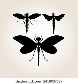 Dragonfly black silhouette. Cute dragonfly vector icon and illustration