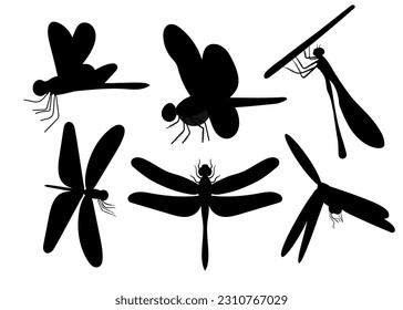 Dragonfly black silhouettes set. Icons insect flying in differentposes. Vector illustration isolated on white background