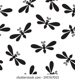 Dragonfly black and white seamless texture. Wallpaper pattern vector