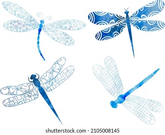 dragonfly blue set watercolor silhouette on white background