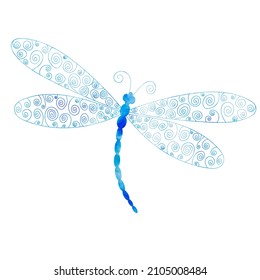 dragonfly blue watercolor silhouette on white background, isolated, vector