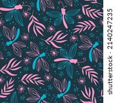 DRAGONFLY AND BRANCH Cute Pink Insect With Blue Wings On Dark Background Cartoon Abstract Natural Floral Hand Drawn Seamless Pattern Vector Illustration