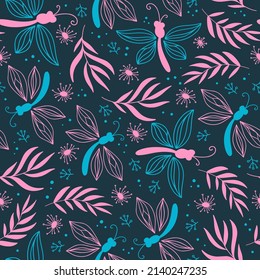 DRAGONFLY AND BRANCH Cute Pink Insect With Blue Wings On Dark Background Cartoon Abstract Natural Floral Hand Drawn Seamless Pattern Vector Illustration