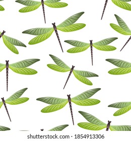 Dragonfly bright seamless pattern. Repeating clothes fabric print with darning-needle insects. Isolated water dragonfly vector background. Wildlife beings seamless. Damselfly bugs.