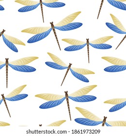 Dragonfly bright seamless pattern. Repeating clothes textile print with damselfly insects. Graphic water dragonfly vector background. Nature beings seamless. Damselfly bugs.