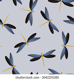 Dragonfly bright seamless pattern. Repeating clothes fabric print with darning-needle insects. Graphic water dragonfly vector wallpaper. Wildlife breathers seamless. Damselfly bugs.