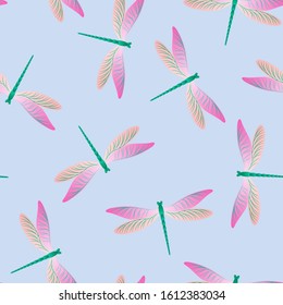 Dragonfly bright seamless pattern. Spring clothes textile print with flying adder insects. Garden water dragonfly vector background. Wildlife creatures seamless. Damselfly bugs.