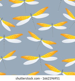 Dragonfly bright seamless pattern. Spring dress fabric print with flying adder insects. Graphic water dragonfly vector background. Wildlife beings seamless. Damselfly butterflies.