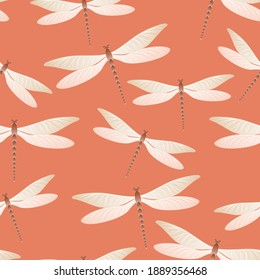 Dragonfly bright seamless pattern. Spring dress textile print with darning-needle insects. Close up water dragonfly vector ornament. Wildlife beings seamless. Damselflies with wings.