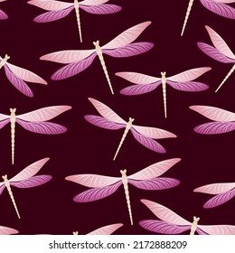 Dragonfly bright seamless pattern. Spring clothes textile print with flying adder insects. Close up water dragonfly vector ornament. Nature breathers seamless. Damselfly bugs.