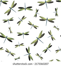 Dragonfly bright seamless pattern. Spring dress textile print with flying adder insects. Isolated water dragonfly vector wallpaper. Wildlife organisms seamless. Damselfly butterflies.