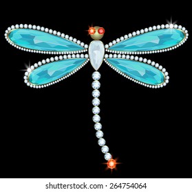 Dragonfly brooch diamond, aquamarine and ruby on black background
