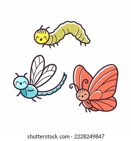 Dragonfly, mariposa, oruga - íconos de temas para niños. Ilustraciones dibujadas a mano por vectores