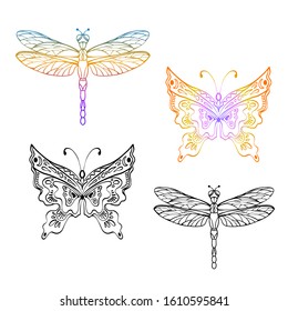 Dragonfly and butterfly in hand drawn sketch style. Line art. Tattoo art. Black and white and colourful design elements isolated on white background