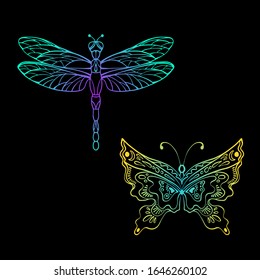 Dragonfly and butterfly in hand drawn sketch style. Line art. Tatoo art. Colourful design elements isolated on black background