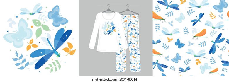 Dragonfly, butterfly and leaves on a white background. Seamless pattern for children, girls, women. Women's, designer pajamas. Vector illustration. Typography of clothes, shirts, t-shirts. Hand-drawn.
