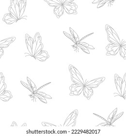 Dragonfly and butterfly seamless pattern. Dragonfly and butterfly background. Vector illustration.