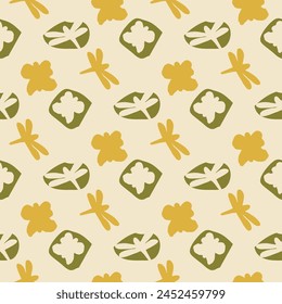 Dragonfly and butterfly seamless pattern. Insects collage shape of ripped papers silhouettes repeat background. Vector hand drawn flat illustration.