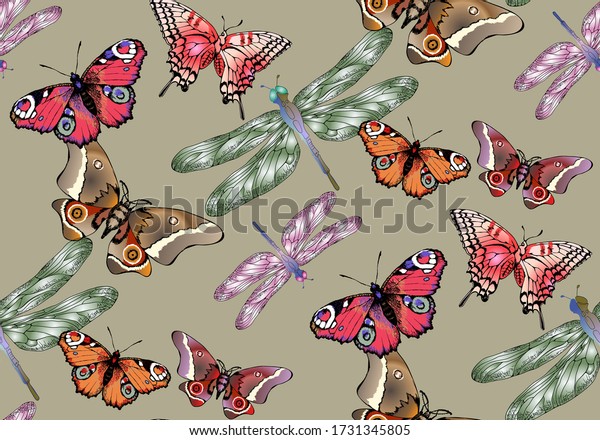 Dragonfly and butterfly seamless pattern. Vector illustration. Suitable for fabric, mural, wallpapers, wrapping paper and the like