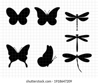 Silhouettes de libélula y mariposa.  Decoración. Ilustración plana vectorial. Cortando archivo. Adecuado para cortar software. Cricut, Silhouette