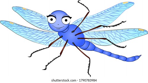 Dragonfly cartoon colored. He smiles and waves with a hand foot. Vector illustration.