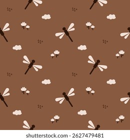 Dragonfly cartoon tão fofo. Em fundo marrom nuvem de flor. Ilustração de vetor uniforme de padrão. 
