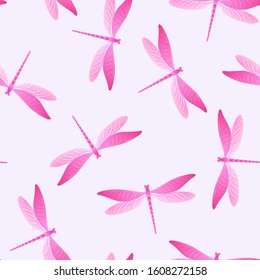 Dragonfly cartoon seamless pattern. Repeating dress textile print with flying adder insects. Isolated water dragonfly vector wallpaper. Fauna beings seamless. Damselflies with wings.