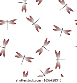 Dragonfly cartoon seamless pattern. Repeating dress fabric print with damselfly insects. Flying water dragonfly vector ornament. Nature organisms seamless. Damselfly silhouettes.