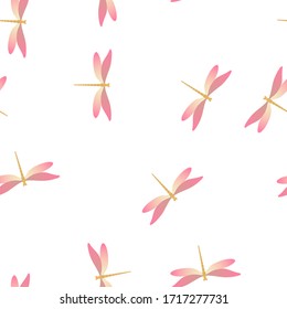 Dragonfly cartoon seamless pattern. Repeating dress fabric print with damselfly insects. Garden water dragonfly vector wallpaper. Nature breathers seamless. Damselfly silhouettes.