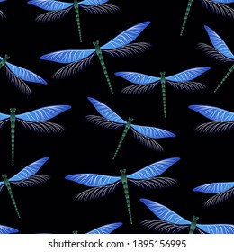 Dragonfly cartoon seamless pattern. Repeating clothes textile print with flying adder insects. Close up water dragonfly vector ornament. Nature breathers seamless. Damselflies with wings.