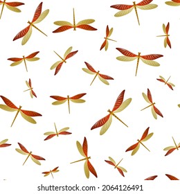 Dragonfly cartoon seamless pattern. Repeating dress textile print with flying adder insects. Close up water dragonfly vector wallpaper. Nature breathers seamless. Damselflies with wings.
