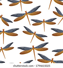 Dragonfly cartoon seamless pattern. Spring dress fabric print with flying adder insects. Isolated water dragonfly vector background. Wildlife beings seamless. Damselfly butterflies.