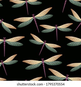 Dragonfly cartoon seamless pattern. Spring clothes fabric print with flying adder insects. Flying water dragonfly vector background. Fauna breathers seamless. Damselfly butterflies.