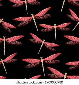 Dragonfly cartoon seamless pattern. Summer dress textile print with damselfly insects. Isolated water dragonfly vector wallpaper. Fauna beings seamless. Damselfly silhouettes.