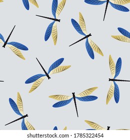 Dragonfly cartoon seamless pattern. Summer clothes textile print with flying adder insects. Graphic water dragonfly vector ornament. Nature beings seamless. Damselfly butterflies.