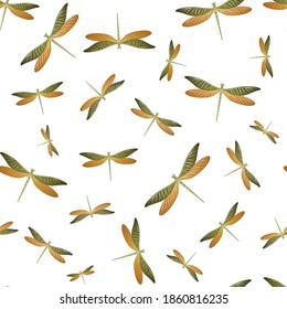 Dragonfly cartoon seamless pattern. Summer clothes fabric print with darning-needle insects. Graphic water dragonfly vector wallpaper. Wildlife creatures seamless. Damselfly bugs.