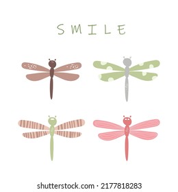 Dragonfly cartoon vector paintings set with text smile. Beautiful butterfly insect drawings collection