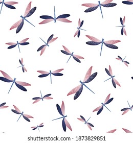 Dragonfly charming seamless pattern. Repeating clothes fabric print with darning-needle insects. Flying water dragonfly vector wallpaper. Fauna breathers seamless. Damselfly butterflies.