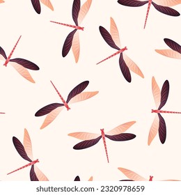 Dragonfly charming seamless pattern. Repeating dress fabric print with flying adder insects. Garden water dragonfly vector wallpaper. Nature creatures seamless. Damselfly bugs.