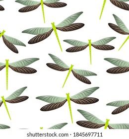 Dragonfly charming seamless pattern. Spring dress textile print with darning-needle insects. Isolated water dragonfly vector wallpaper. Nature creatures seamless. Damselfly silhouettes.