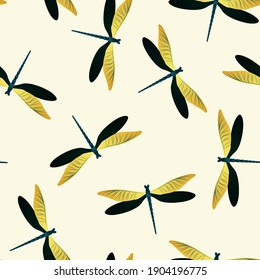 Dragonfly charming seamless pattern. Summer clothes fabric print with damselfly insects. Isolated water dragonfly vector background. Wildlife creatures seamless. Damselfly bugs.