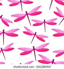 Dragonfly charming seamless pattern. Summer dress textile print with flying adder insects. Garden water dragonfly vector wallpaper. Fauna organisms seamless. Damselfly silhouettes.