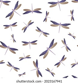Dragonfly charming seamless pattern. Summer clothes textile print with flying adder insects. Graphic water dragonfly vector ornament. Nature creatures seamless. Damselfly butterflies.