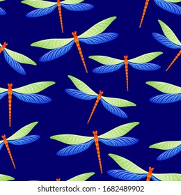 Dragonfly childish seamless pattern. Repeating dress textile print with darning-needle insects. Garden water dragonfly vector wallpaper. Nature breathers seamless. Damselfly bugs.