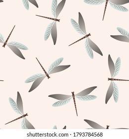Dragonfly childish seamless pattern. Repeating dress fabric print with flying adder insects. Close up water dragonfly vector ornament. Nature breathers seamless. Damselfly bugs.