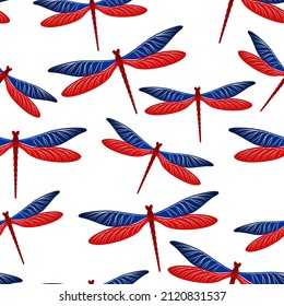 Dragonfly childish seamless pattern. Repeating dress fabric print with flying adder insects. Flying water dragonfly vector background. Wildlife beings seamless. Damselflies with wings.